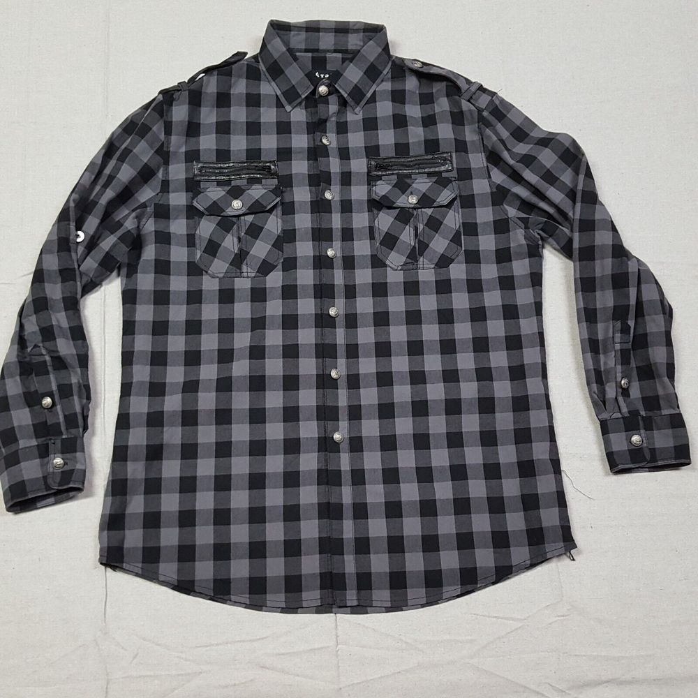 Taikun Shirt Mens XL Black Gray Buffalo Plaid Button Up Long Sleeve Cotton